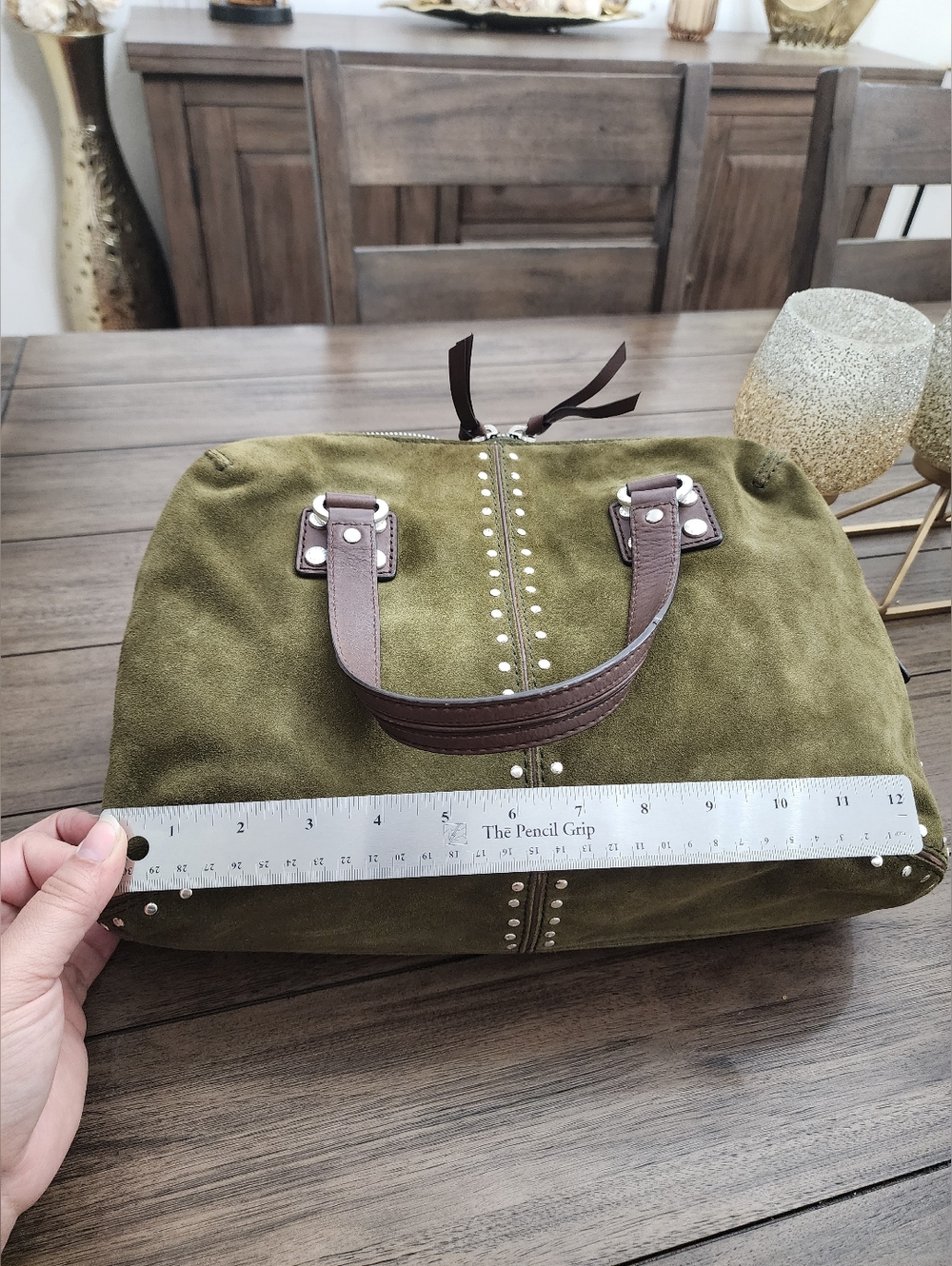 Michael Kors Olive Green Suede Silver Studded Handbag Astor Collection - Picture 10 of 13